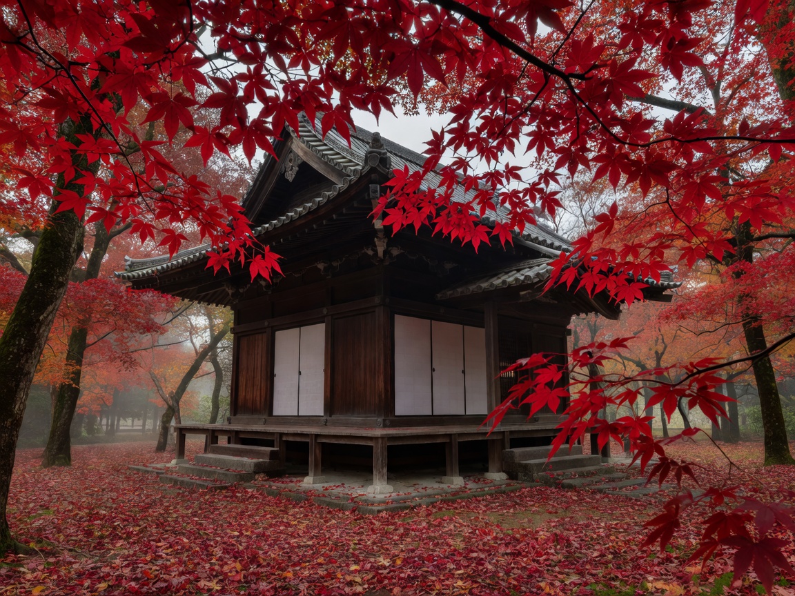 Deep red autumn maple leaves framing a traditional wooden temple in Kyoto
