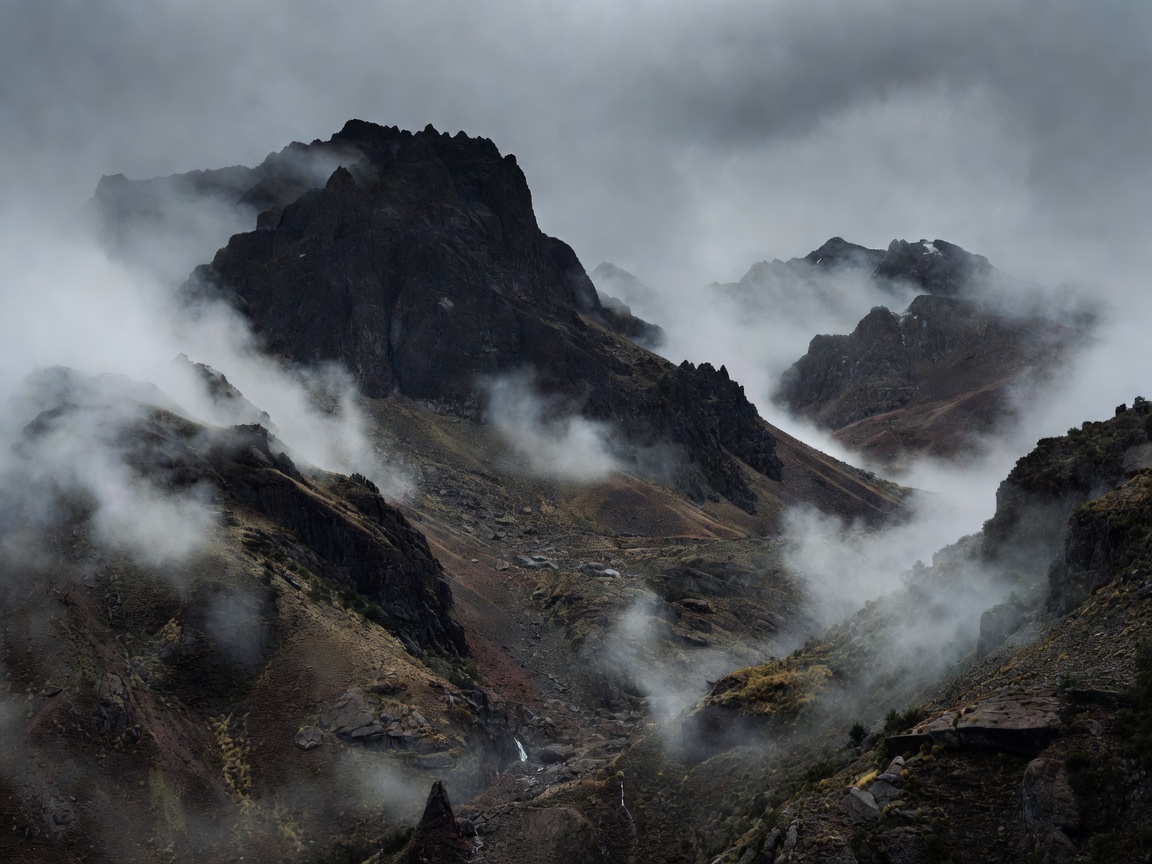 Dark, mist-covered mountain peaks in the Andes during the dry season