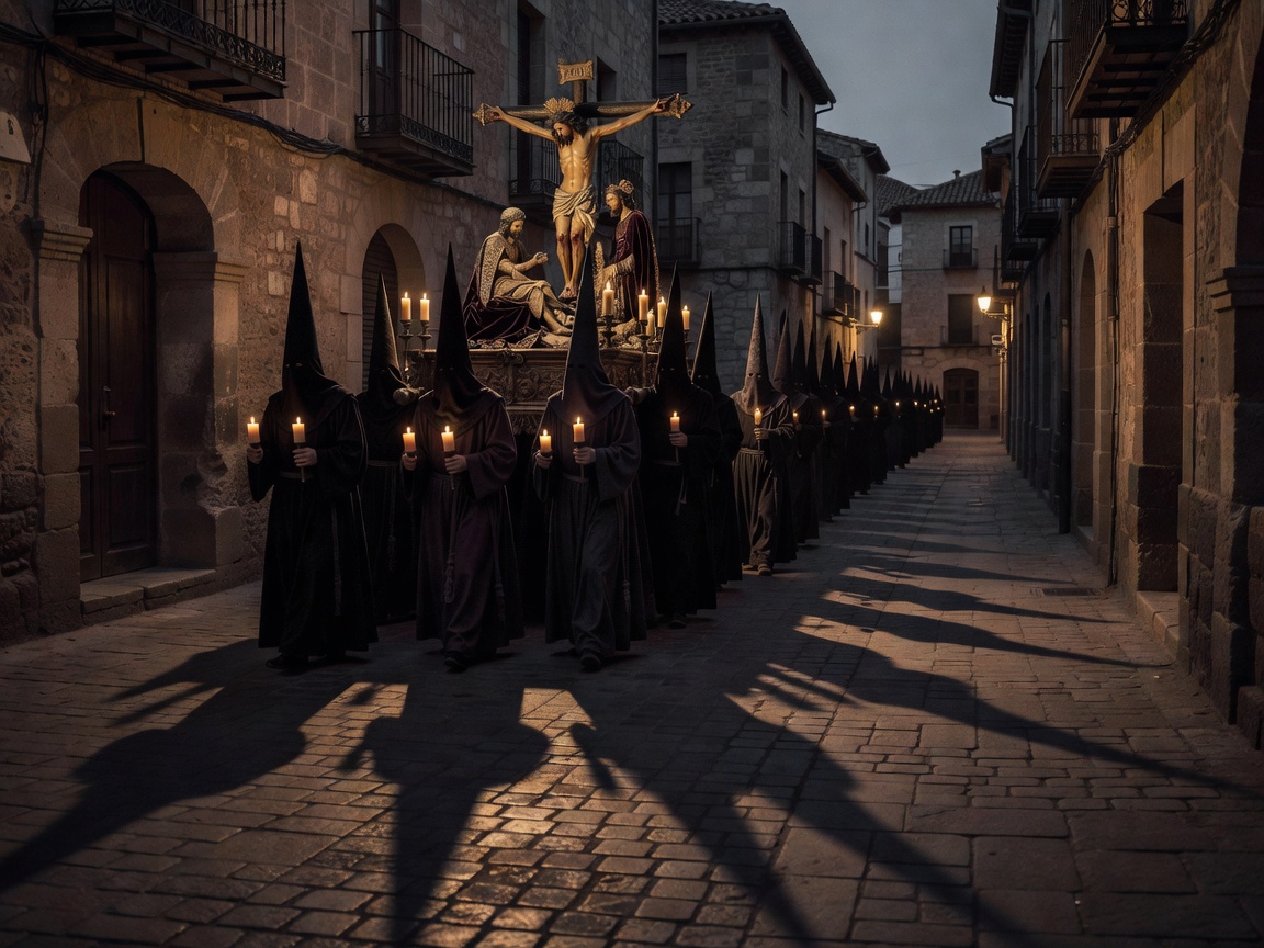 A dark, moody photograph of a religious procession in Spain, characterized by long shadows