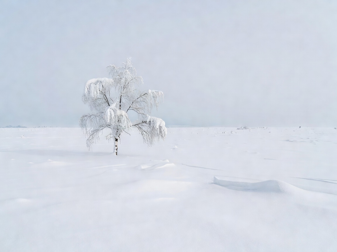 A minimalist landscape of a single tree in deep snow, Hokkaido, Japan